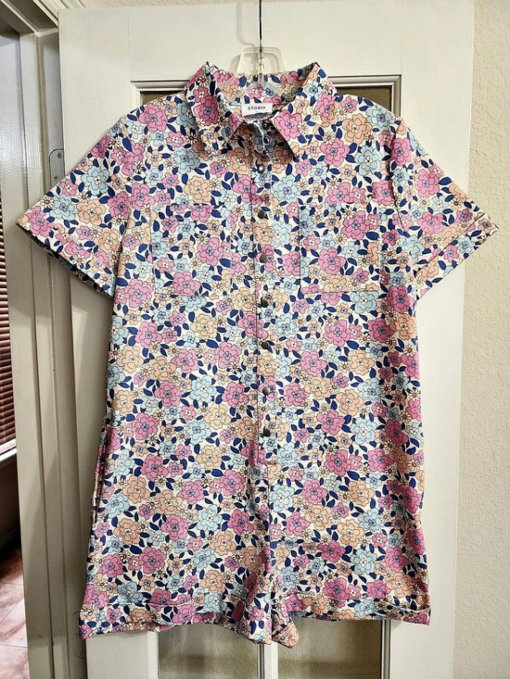 STORIA Floral Denim Utility Romper Snap Front Cotton Size S